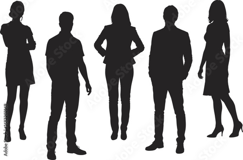 Group of five diverse business people silhouettes standing together on white women