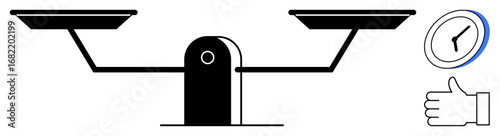 Balancing scale highlighting fairness beside a clock pointing to time management and a positive hand gesture symbolizing agreement. Ideal for time efficiency, justice, balance, decision-making