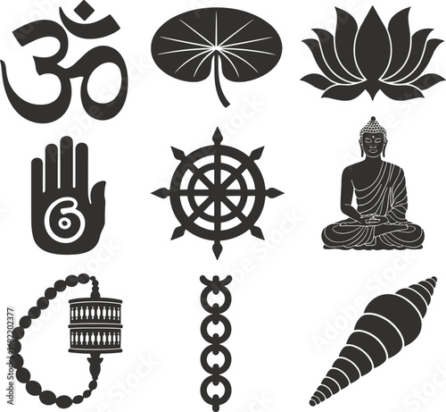 Set Of Black Buddhist Symbols And Icons On White Background buddhism religion