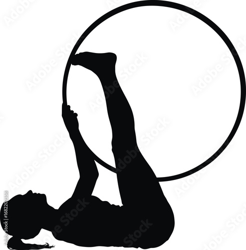 Silhouette of a woman performing aerial hoop gymnastics on white background athlete
