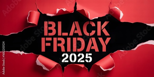 Bold Black Friday 2025 promotional material featuring dynamic red torn paper against a contrasting black backdrop.