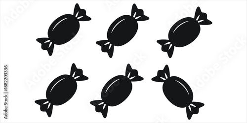 Six black silhouettes of wrapped candies on a white background candy sweet