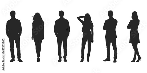 Six diverse adult silhouettes in stylish poses against a white background people woman