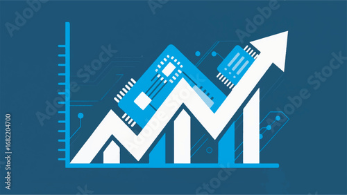 Illustration of Rising Stock Graph with a Computer Chip Design Template with Abstract Background
