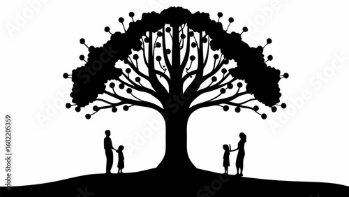 Silhouette of a tree with spherical fruits and families standing beneath it in a monochrome illustration