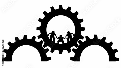 Three gears interlocked with three people holding hands inside the central gear in black and white art silhouette