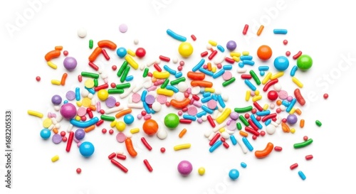 A vibrant, colorful assortment of candy sprinkles and balls scattered on a white background, perfect for festive, sweet, and celebratory themes.