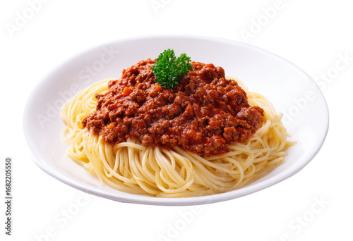 A plate of spaghetti with a rich, tomato-based meat sauce