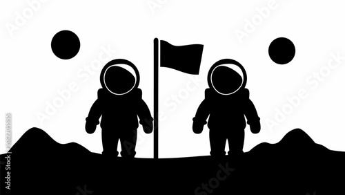 Two astronauts standing on a planet next to a flag with two moons in a black and white illustration silhouette