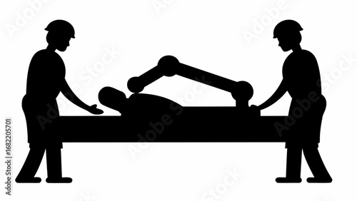 Two workers carrying a patient on a stretcher with an industrial arm above him in black silhouette