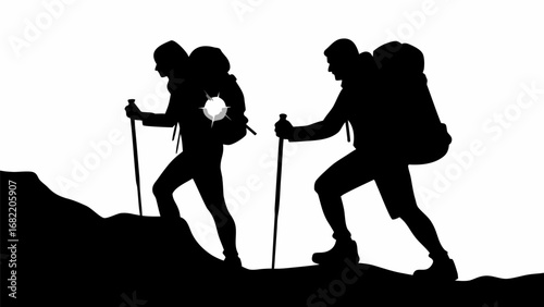 Two silhouetted hikers with backpacks and trekking poles climbing a mountain on a white background scene