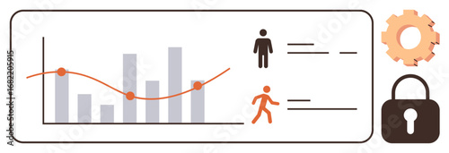 Bar graph with trendline, user icons, settings gear, and lock. Ideal for data analysis, user management, cybersecurity, performance monitoring, technology optimization business planning simple flat