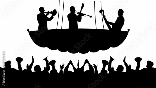 Silhouette of musicians playing instruments on a boat above a crowd with raised hands and musical horns