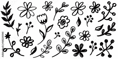 Collection of hand drawn black floral elements and botanical illustrations on white background