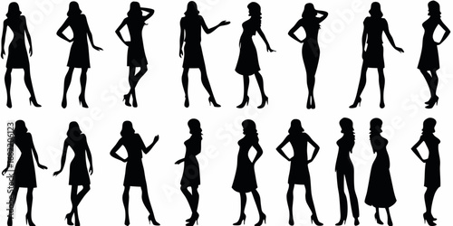 Collection of diverse female silhouettes in various poses and outfits on a white background
