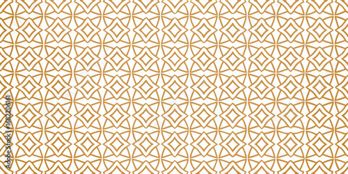 Elegant geometric seamless pattern with gold diamond shapes and curved lines on white background
