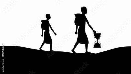Two figures walking with bags and an hourglass in a black and white silhouette illustration style image