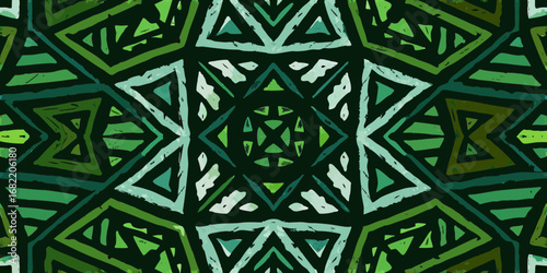 Abstract geometric pattern with green and teal brush strokes in a tribal or ethnic style