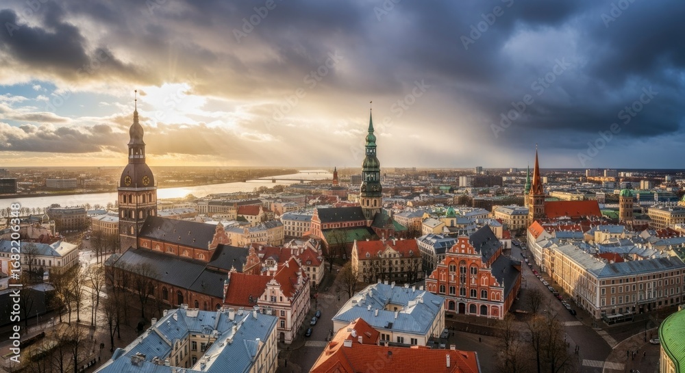 Fototapeta premium Panoramic aerial view of Riga's historic Old Town at sunset, with dramatic clouds and sun rays illuminating the iconic church spires and medieval architecture.