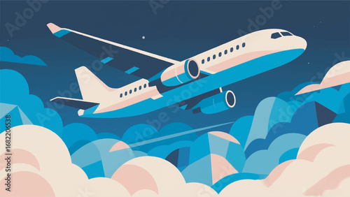 Illustration of Airline Plane Taking Off with Sky and Clouds Background