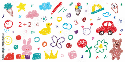 Collection of colorful hand drawn children s doodles featuring animals toys and school items