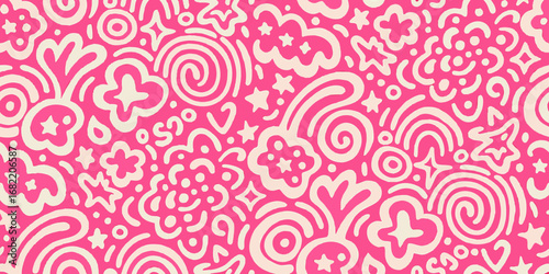 Whimsical hand drawn abstract pattern with pink and cream swirls stars and flowers