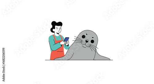 Charming person with apron uses smartphone to interact with a friendly seal