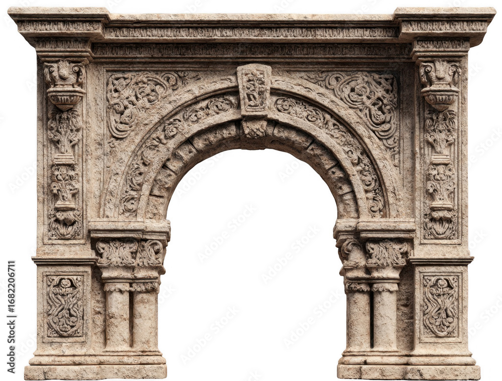 Obraz premium Intricately carved ancient stone archway with detailed floral and geometric patterns in relief
