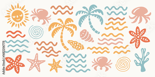 Whimsical collection of stylized beach and ocean elements including sun palm trees waves shells starfish crabs and coral