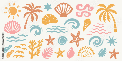 Collection of hand drawn beach and summer elements with pastel colors including sun palm trees seashells starfish waves ice cream and coral