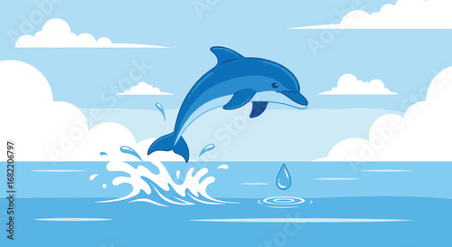 Joyful dolphin leaps from ocean waves under bright cloudy sky, capturing pure aquatic bliss.