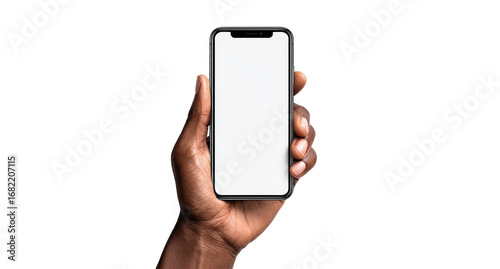 Close-up of a hand holding a smartphone with a blank screen.  Dark-skinned hand holds a modern, rectangular cell phone.  The screen is a plain white, displaying no content. 