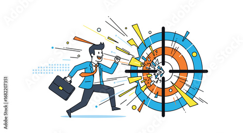 Determined businessman breaks through target with briefcase, achieving business goals and success