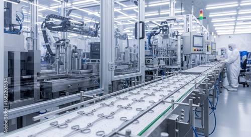 Automated production line manufacturing medical instruments in a cleanroom environment. Precision technology and workers in protective suits ensure quality control.