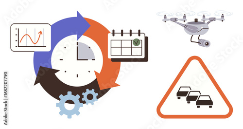 Arrows circling a clock with gears, chart, calendar, Quadcopter, and traffic icon. Ideal for automation, logistics, innovation time management technology scheduling smart systems. Simple flat metaphor