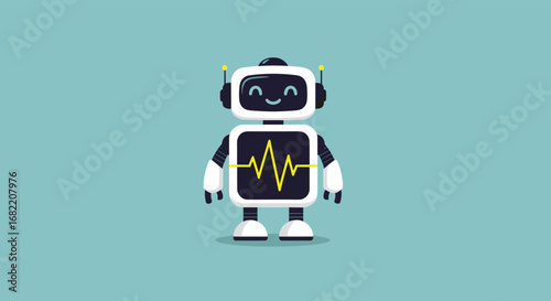 Friendly cartoon robot with a heartbeat graph on its chest, symbolizing technology and health