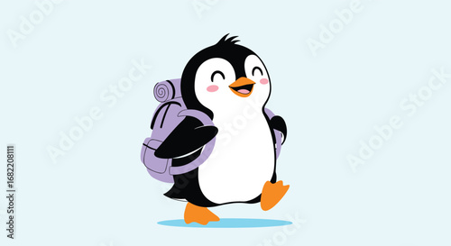 Joyful penguin adventurer with backpack happily exploring the world on a bright day.