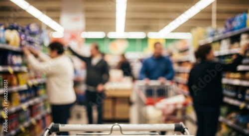Blurred, abstract view of a busy supermarket aisle from a shopping cart perspective. Shoppers browse shelves in a brightly lit grocery store, perfect for themes of consumerism and daily l...