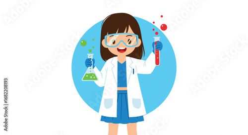 Excited young scientist experiments with bubbling liquids in colorful lab beakers and test tubes