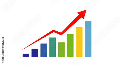 illustration of rising financial graph with colorful bars and arrow pointing upward, minimal clean design