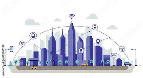 vektor cakrawala kota pintar dengan jaringan digital dan perangkat yang terhubung, desain geometris sederhana