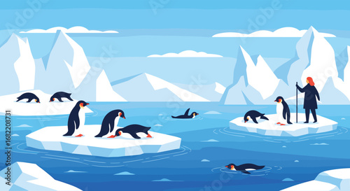 Charming penguins gather on icy floes in a serene polar landscape with a lone explorer observing.