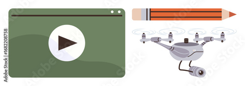 Video screen with play icon, camera Quadcopter hovering, and large pencil symbolize media production, creative innovation, technology advancement, education, content creation, art, and storytelling