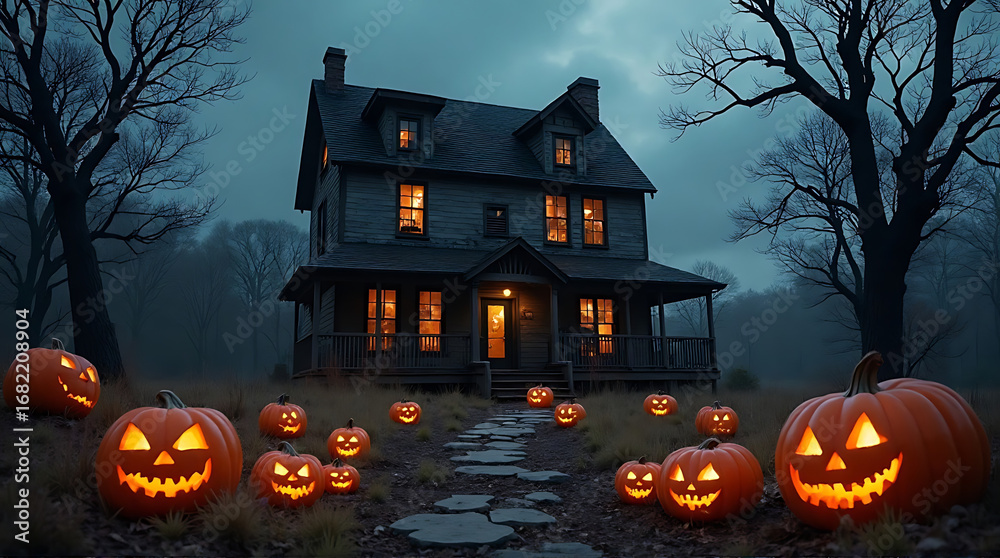 Fototapeta premium Spooky Halloween Night: A Haunted House Aglow with Jack-o'-Lanterns