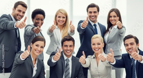 A diverse group of smiling business professionals giving thumbs-up, symbolizing success, teamwork, and approval in a corporate environment.