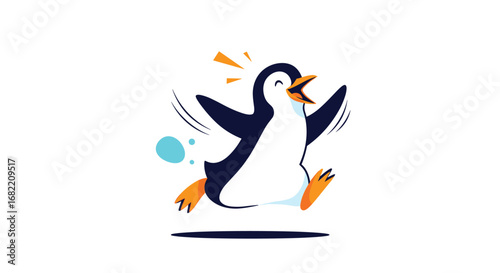 Joyful penguin leaping with excitement, celebrating a fun moment with energetic motion