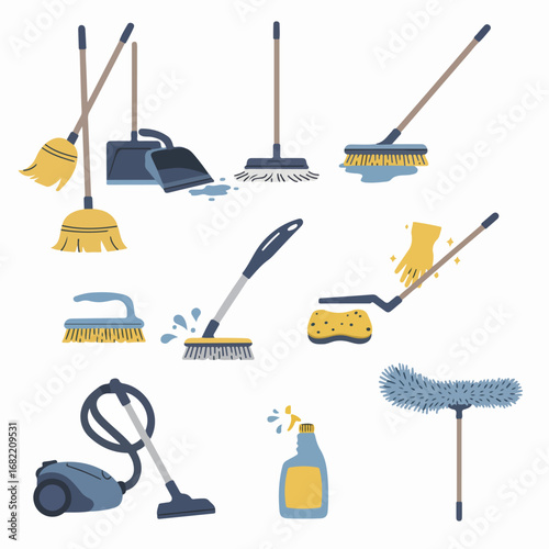 Collection of Household Cleaning Tools and Supplies Illustration: Brooms, Mops, Vacuum Cleaner, and More for Home and Office Hygiene