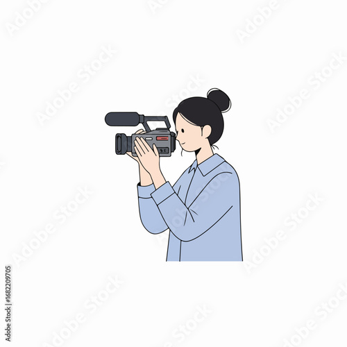 Cartoon illustration of a female videographer filming with a professional video camera, embodying media production, journalism, and content creation.