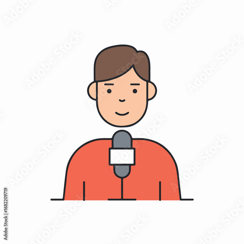 Minimalist illustration of a male news reporter or broadcaster speaking into a microphone, representing communication and media roles.