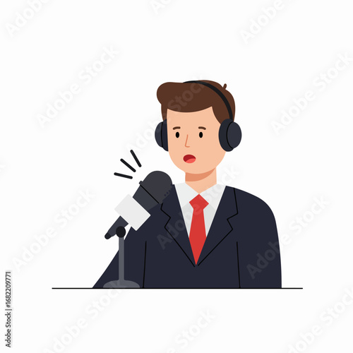 Male broadcaster in a suit with headphones speaking into a microphone, delivering news, a podcast, or a live radio show.